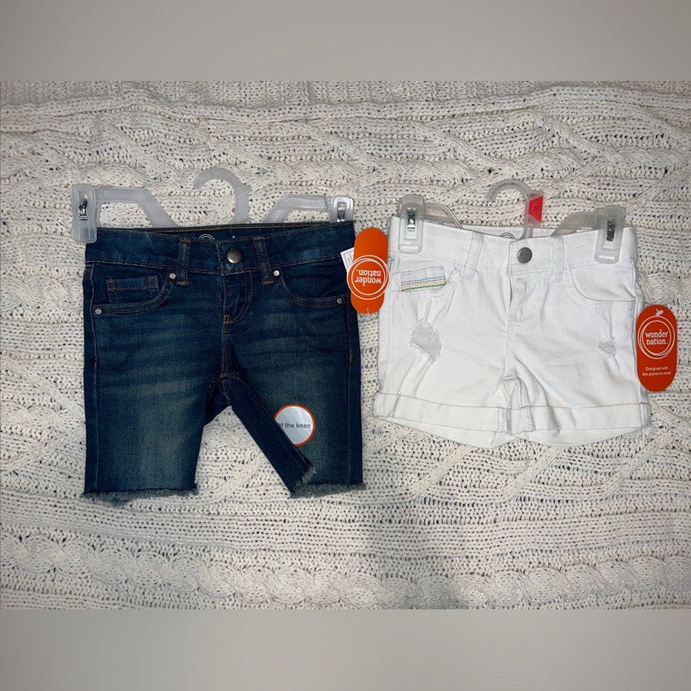 Lot of 2 Girls Denim stretch adjustable waist shorts white and blue size 5 NWT